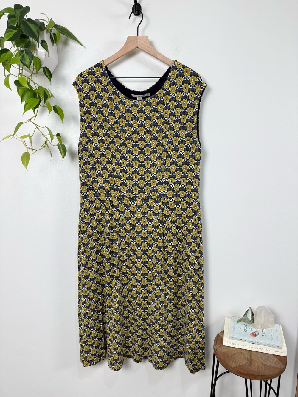 Boden Yellow Navy Floral Fit Flare Midi Dress‎ Sleeveless Stretch Mod US 16L